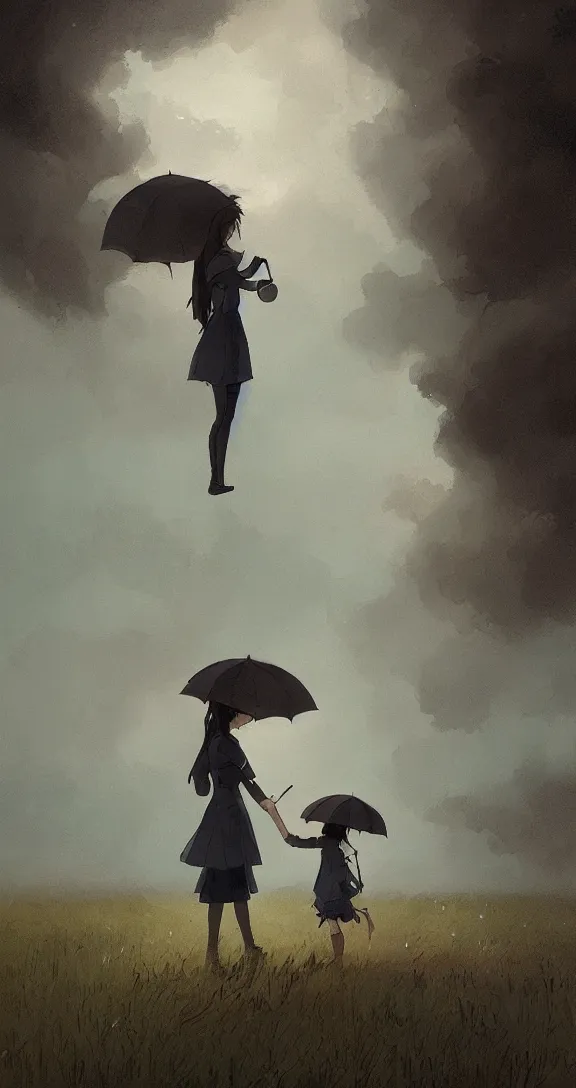 Image similar to Holding an umbrella in a thunderstorm in the prairie, pretty, by Studio Ghibli and Greg Rutkowski, artstation