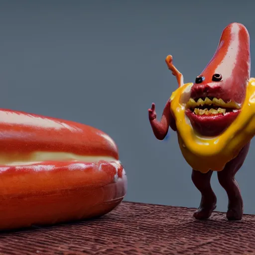 Image similar to a giant hotdog demon spiting spicy mustard. eldenring boss, zbrush, arnold render, unrealengine 5, dark souls, horror, extremely detailed