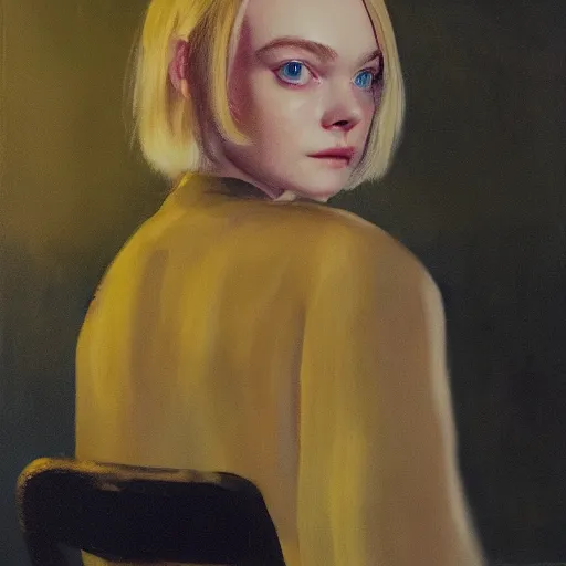 Prompt: Elle Fanning as an Android, oil on canvas, golden hour, artstation, by Andrew Wyeth and Edward Hopper,