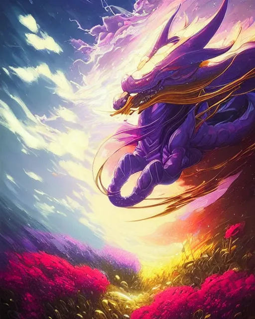 Prompt: aurelion sol, explosion of flowers, todd lockwood, alena aenami, frank frazetta