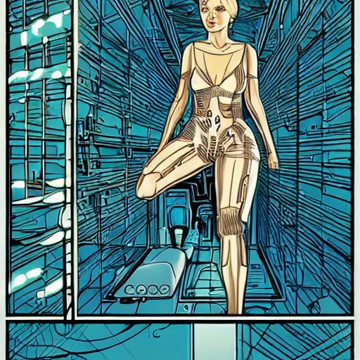 Prompt: cybernetic!!!! jennifer lawrence trapped in a glass box, style of moebius, james jean, mcbess, cinematic, highly detailed, award winning, 8 k photorealistic