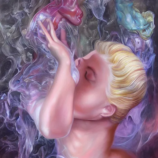 Image similar to the laws of physics break down and there only an infinite present, in which all points in time are equally real. surrealist acrylic painting by marco mazzoni, by dorothea tanning, pastel colors, featured on artstation, metaphysical, fluid acrylic pour art, airbrush art, rococo