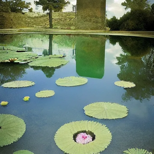 Image similar to sketched, renaissance offhand by valerio olgiati, by scarlett hooft graafland. a peaceful installation art that shows a pond with water lilies floating on the surface. the colors are soft & calming, & the overall effect is one of serenity & relaxation.