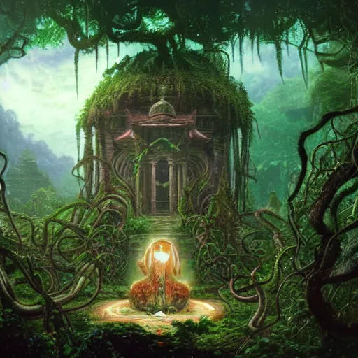 Prompt: A sinister and abandoned temple With a scary huge squid, surrounded by vines and flowers , in a jungle, Lovecraft, horror, well detailed, 8k, by Thomas Kinkade and Albert Bierstadt