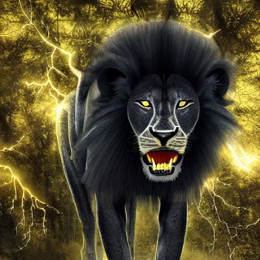 Image similar to epic photography of black lion with gold lightnings in the fur surrounded by ancient trees, colossal scale, photorealistic, high details, intricate by Nick Nichols and Evgeniy Antonenkov