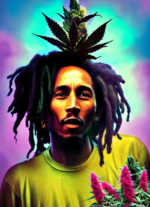 Prompt: portrait of bob marley joyous jamaican warrior with flowing dreadlocks, surrounded by cannabis flowers. afrogoth intricate digital matte painting concept art, warpaint aesthetic, colorful, psychedelic, beautifully backlit, subtle tones, sharp focus, cinematic aesthetic octane render, volumetric lighting, by edmund leighton, james jean, ross tran and artgerm