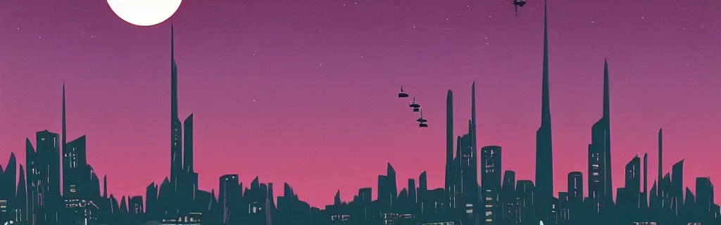 Prompt: sci - fi city night scene with moon and helicopter in the sky, red and purple tone, modernism, gouache, trees, animated film, stylised, illustration, by eyvind earle, scott wills, genndy tartakovski