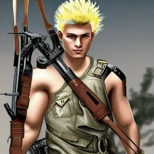 Prompt: Blonde Rambo with a fohawk in a post apocalyptic future with a cockatiel on his shoulder, a bow in his hand, wearing a full quiver of arrows on his back and a pin on his chest that says Birds are Real Mother Trucker, hd, realistic