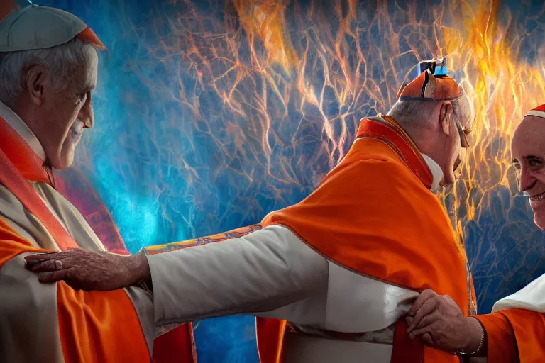 Prompt: the pope shaking hands with the satan in the hell, hyper detailed, orange red blue tones dramatic lighting, cgsociety, realistic, hyper detailed, insane details, intricate, dramatic lighting, hypermaximalist, golden ratio, rule of thirds, octane render, weta digital, micro details, ultra wide angle, artstation trending, 8 k