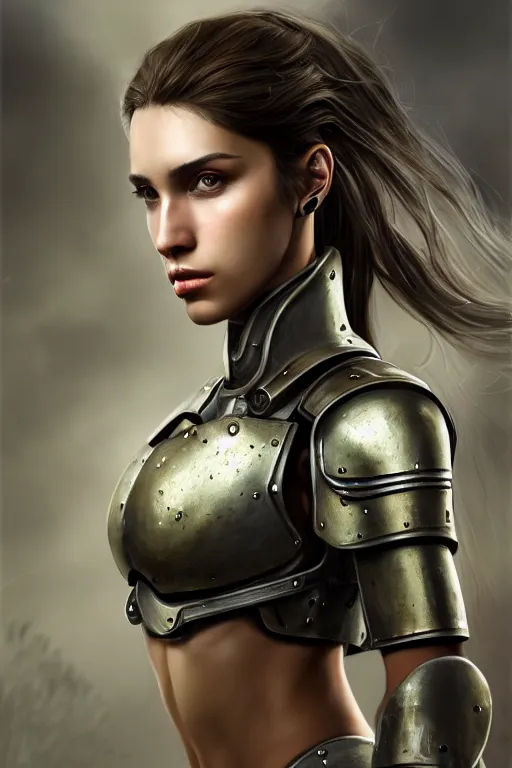 Image similar to a photorealistic painted portrait of an attractive young girl, partially clothed in dull metal-plated battle armor, olive skin, long dark hair, beautiful bone structure, symmetric facial features, perfect eyes, natural physique, intricate, elegant, digital painting, concept art, finely detailed, beautifully illustrated, sharp focus, minimal artifacts, photographic appearance, from Metal Gear, by Ruan Jia and Mandy Jurgens and Artgerm and William-Adolphe Bouguerea, in the style of Greg Rutkowski, trending on Artstation, award winning