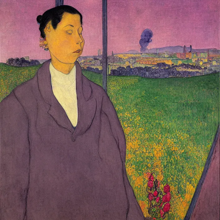 Image similar to close portrait of prisoner with thistle, with city with orchard seen from the prison window frame. sun through the clouds, vivid iridescent colors. agnes pelton, egon schiele, henri de toulouse - lautrec, utamaro, monet