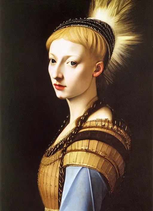 Prompt: portrait of young woman in medieval dress and medieval headdress, blue eyes and blond hair, style by the caravaggio