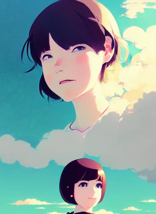 Image similar to portrait of a smiling girl by ilya kuvshinov, cloudy sky background lush landscape ln illustration concept art anime key visual trending pixiv by victo ngai fanbox by greg rutkowski makoto shinkai takashi takeuchi studio ghibli