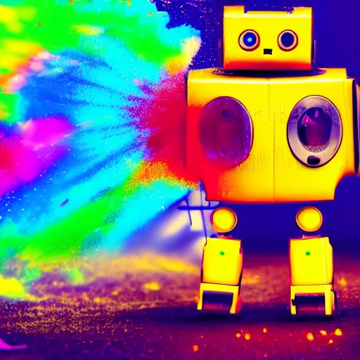 Prompt: a cute little robot at a centered explosion of colorful powder on background by maxvanzwerg