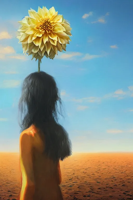 Image similar to closeup giant dahlia flower head, girl standing on beach, surreal photography, blue sky, sunrise, dramatic light, impressionist painting, digital painting, artstation, simon stalenhag