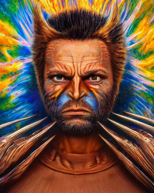 Prompt: portrait ultra dimensional wolverine entity, accidentally tripping on dmt and acid, psychedelic experience, overwhelming psychosis of self realization and burning awakening, ultra high definition, unreal engine 5, hyperrealism, masterpiece composition, by casey weldon, barclay shaw 8 k photorealistic