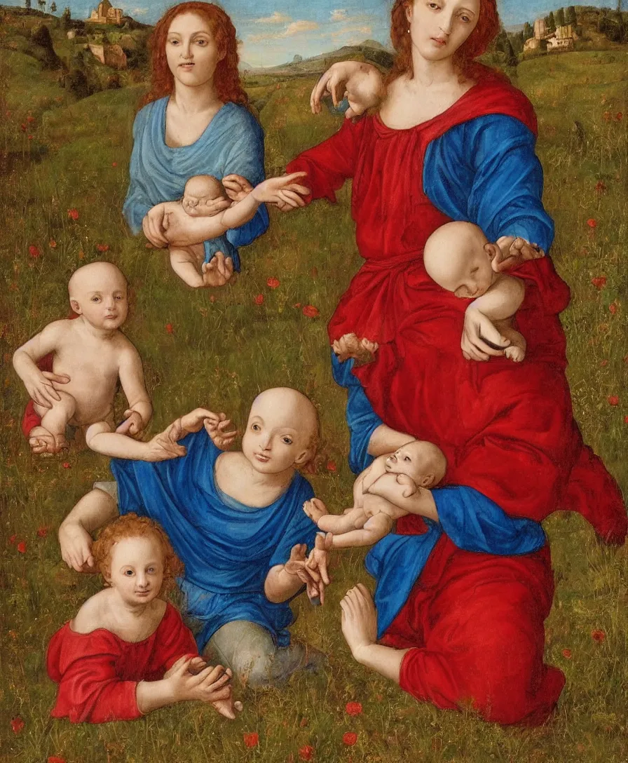 Prompt: Detailed Portrait of Madonna, curly red hair red shirt blue cloth, with infant Jesus, bald, playing with a thin cross and another boy in the style of Raffael. They are sitting in a dried out meadow near Florence, red poppy in the field. On the horizon, there is a blue lake with a town and blue mountains. Flat perspective.