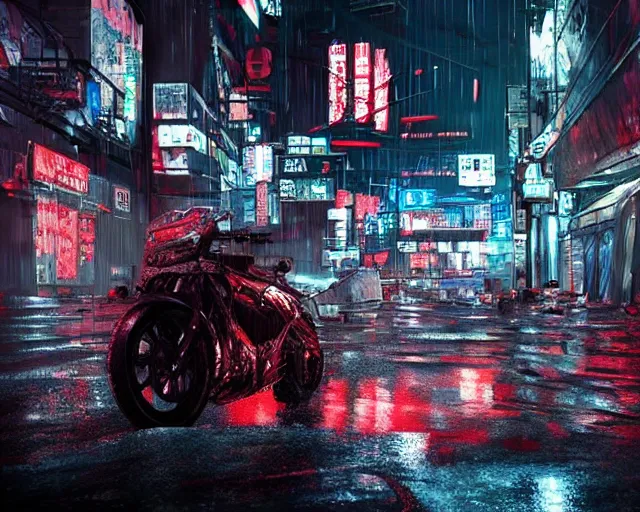 Prompt: concept art of an akira motorbike wet cyberpunk city streets at night cyberart in the style of liam wong in the film akira rendered in octane, 3 d render, trending on cgsociety, blender 3 d 8 k, 3. 2 secs at f / 6. 3, iso 1 0 0, 1 2 - 2 4 mm f / 4 at 1 2 mm