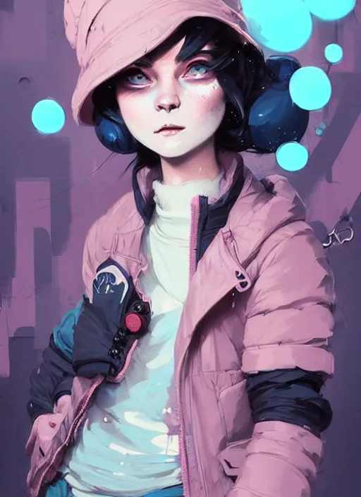 Image similar to highly detailed portrait of a sewer punk lady student, blue eyes, bubble jacket, hat, white hair by atey ghailan, by greg rutkowski, by greg tocchini, by james gilleard, by joe fenton, by kaethe butcher, gradient pink, black, brown and light blue color scheme, grunge aesthetic!!! ( ( graffiti tag wall background ) )