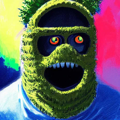 Image similar to a tennis ball monster wearing a balaclava and golden necklace , digital art, fantasy, magic, trending on artstation, ultra detailed, professional illustration by Basil Gogos