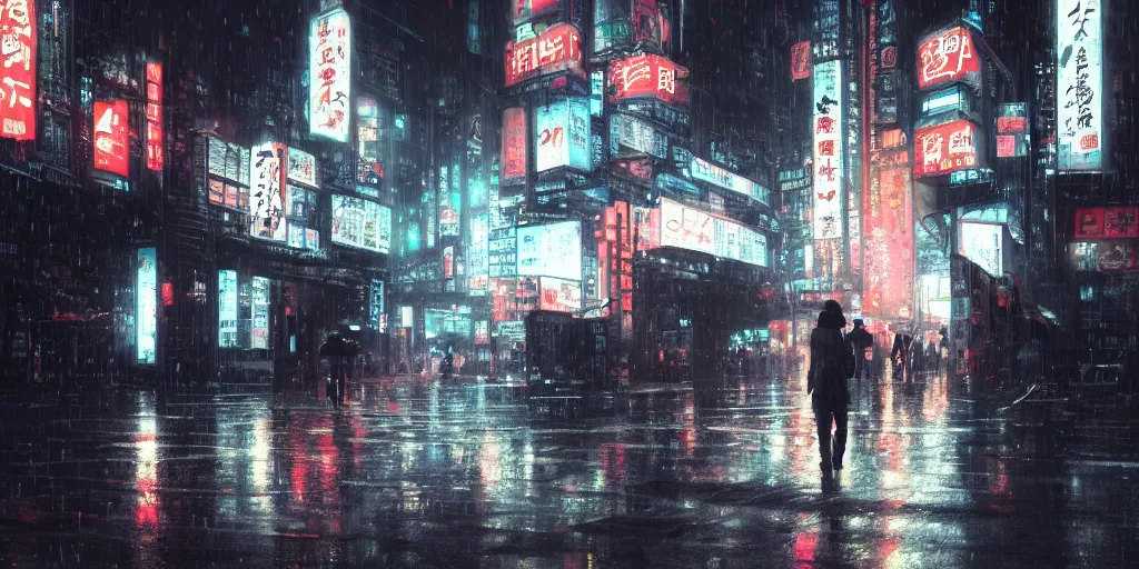 Image similar to Scene of a japanese cyberpunk city in the rain during midnight, heavy contrast, 4k, cozy wallpaper, trending on Artstation, award-winning, art by Greg Rutkowski