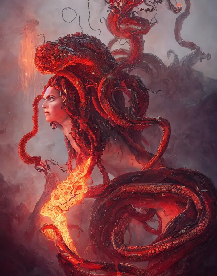 Image similar to a splatterpunk pose of a gorgon woman with flaming snakes for hair staring into a volcano, hyperrealistic, award-winning, in the style of Tom Bagshaw, Cedric Peyravernay, Peter Mohrbacher