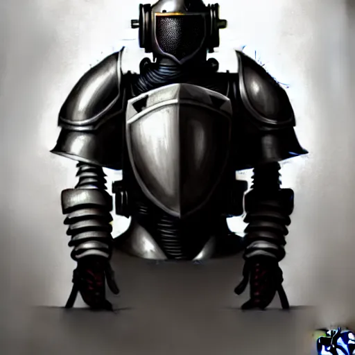 Prompt: knight pepe, scifi, power armor, mechasuit, medieval pepe, futuristic sword, heavy gun, armored, helmet, military, heavy, modern, gaz mask, black and white, concept art, bust portrait, Nekro, Tom Bagshaw, Craig Mullins, ventail, exsokeleton