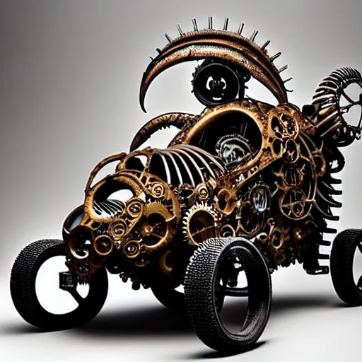 Image similar to biomechanical steampunk vehicle reminiscent of fast sportscar with robotic parts and (glowing) headlights parked in ancient lush palace, gothic and baroque, brutalist architecture, ultradetailed, creepy ambiance, fog, artgerm, giger, Intricate by Ellen Jewett and Josan Gonzalez and Giuseppe Arcimboldo