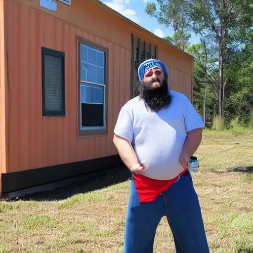 Image similar to anime ethank klein from h 3 h 3 dressed as an american redneck, standing in front of a mobile home in northern georgia, usa