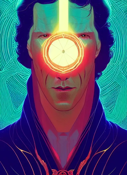 Prompt: symmetry!! stunning portrait of benedict cumberbatch as dr strange, by victo ngai, kilian eng vibrant colors, dynamic lighting, digital art, winning award masterpiece, fantastically beautiful, illustration, aestheticly inspired by beksinski and dan mumford, upscale with simon stalenhag work, artstation, 8 k