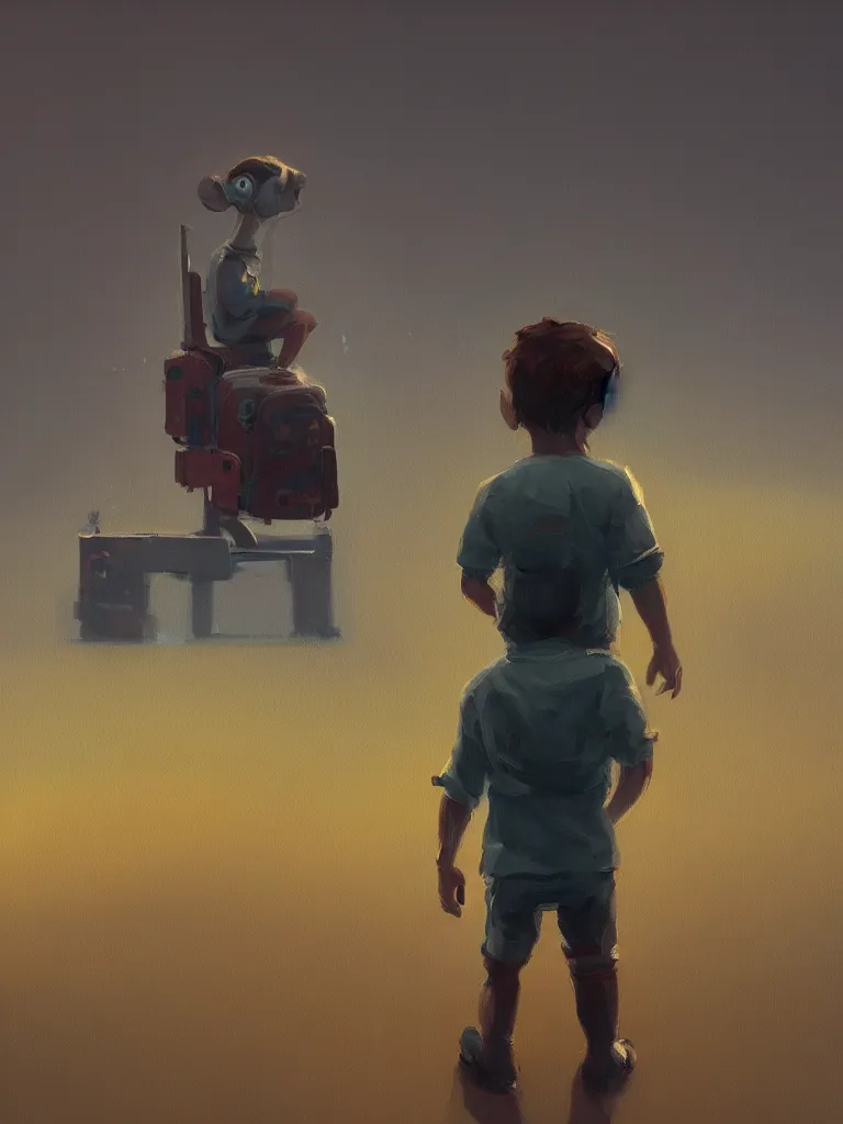 Image similar to a cute boy standing in the center of a painting from stalenhag, 4 k, 8 k, hdr, artstation, concept art