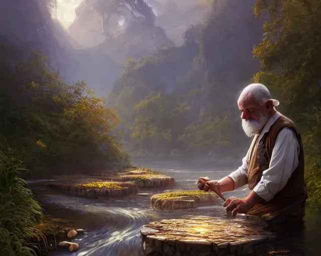 Image similar to an old man panning for gold in a river, deep focus, d & d, fantasy, intricate, elegant, highly detailed, digital painting, artstation, concept art, matte, sharp focus, illustration, hearthstone, art by artgerm and greg rutkowski and alphonse mucha