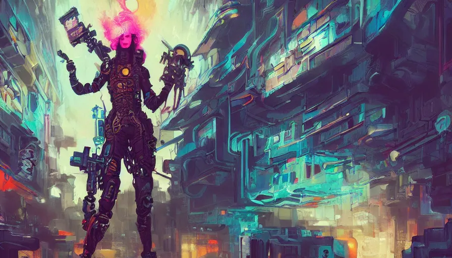 Image similar to psychedelic cyberpunk stylish woman soldier in a dark complex scifi vast detailed city, allegorical style, by peter mohrbacher, jeremy mann, francoise nielly, van gogh, ross tran, beautiful, award winning scenery