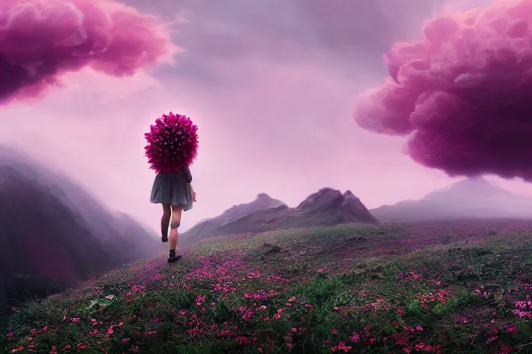 Image similar to giant dahlia flower, on head, girl walking on mountain, surreal photography, pink storm clouds, dramatic light, impressionist painting, digital painting, artstation, simon stalenhag