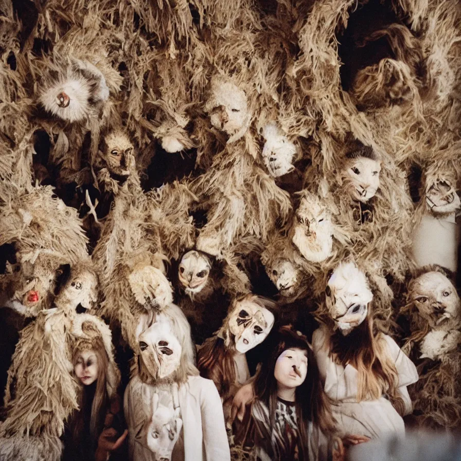 Prompt: cult members with taxidermic moth masks in a spiral tunnel, cinestill 8 0 0 t 3 5 mm, heavy grain, high quality, high detail