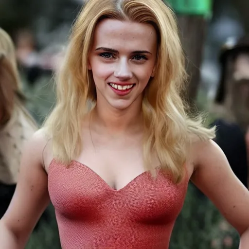 Image similar to a woman who is a genetic combination of scarlett johansson and emma watson face and upper - body focus