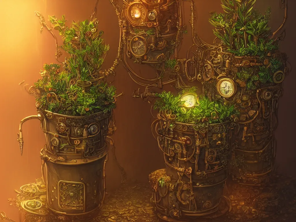 Image similar to an angry plant pot cushion. steampunk, intricate, elegant, fantasy, highly detailed, digital painting, concept art, sharp focus, illustration, beautiful lighting, epic light, artstation, colorful, dramatic