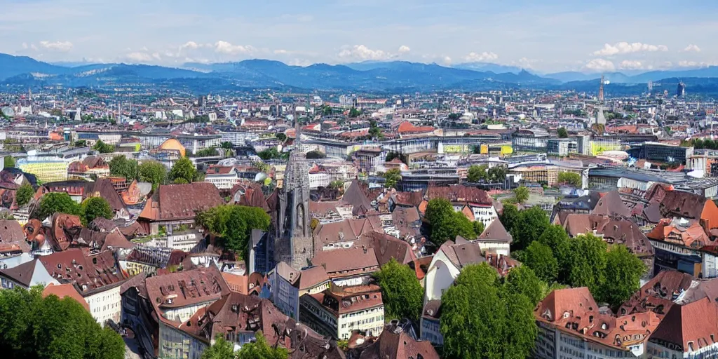 Prompt: the city of Basel in Switzerland but with many high rise buildings and drones in the air