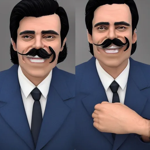 Prompt: A man with a chiseled face and a big jawline with a 80s mustache and slicked back jet black hair in a blue suit while smiling, at an angle, 4k resolution, 8k resolution, HD Quality, highly detailed, very detailed, detailed, studio quality lighting, in the style of TF2