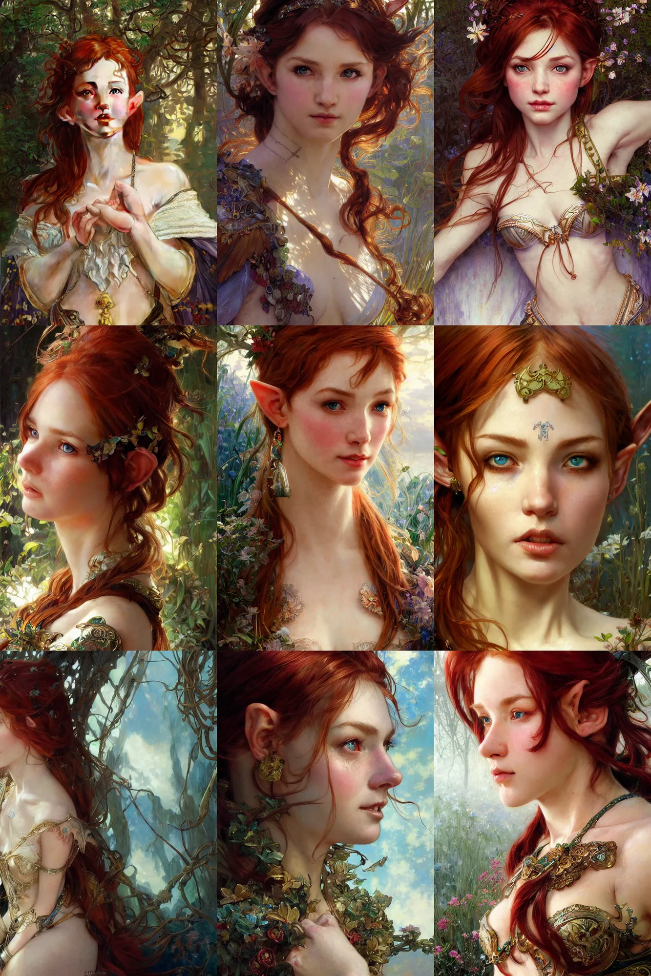Prompt: closeup hyper-realistic portrait of beautiful high-fantasy elf girl (redhead), intricate details, by Stanley Artgerm Lau, by greg rutkowski, by thomas kindkade, by alphonse mucha, loish, by norman rockwell J.