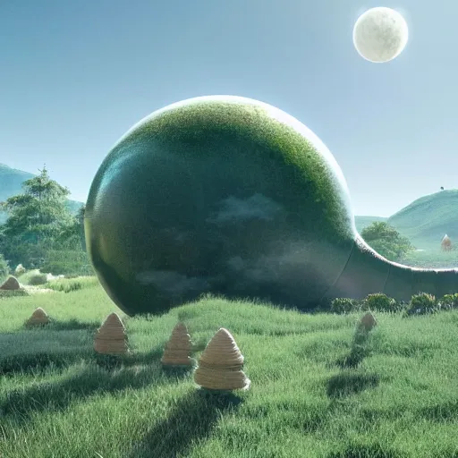 Prompt: a spherical shoe, beautiful wonderland, smoke - filled ， green hill, many interstellar plants, there is a camp next to it dinosaur and man dance together, futuristic concept design, airscape, high detail render by octane, unreal engine, 8 k, cinematic