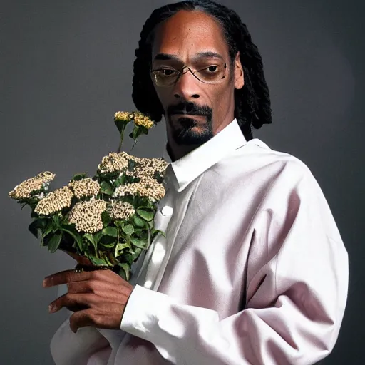 Prompt: Snoop Dogg holding a Vase of flowers for a 1990s sitcom tv show, in style of Julia Margaret Cameron, Studio Photograph, portrait, C 12.0