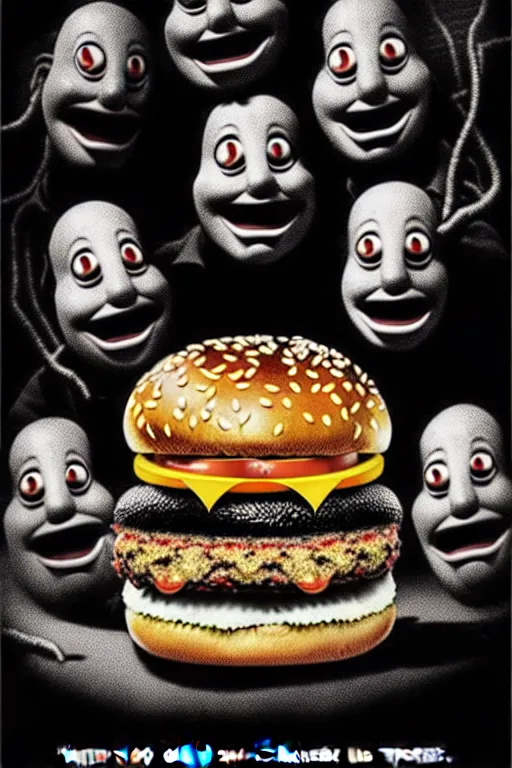 Prompt: mcdonald's horror retro tv advertisement poster, nightmare, big burger surrounded by worms, black and white, ultra realistic, 4 k, digital art, cinematic style of david kronenberg