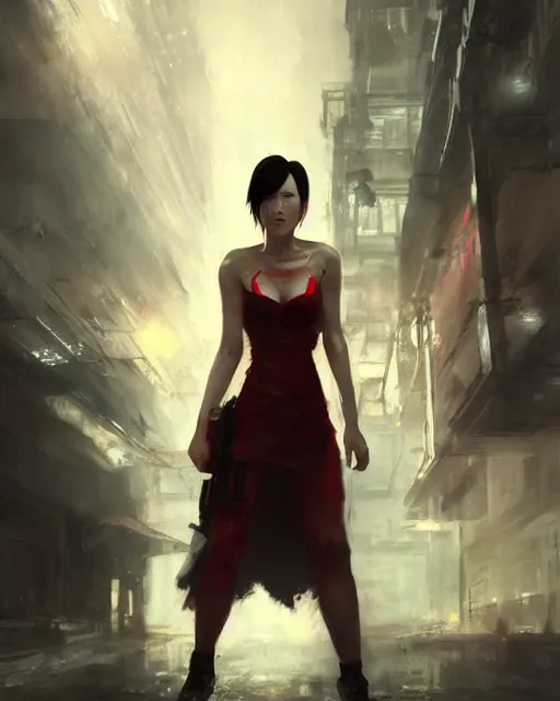 Image similar to battle hardened, sly, cunning, rugged ada wong, face centered portrait, red dinner dress, confident, ruined cityscape, zombies, fog, rain, volumetric lighting, soft light particles floating near her, illustration, perfectly shaded, soft painting, art by krenz cushart and wenjun lin