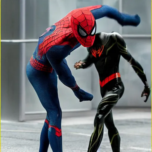 Prompt: andrew garfield spider - man 3 fighting venom and scorpion