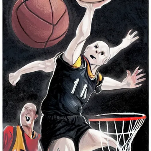 Prompt: voldemort as a basketball player, slam dunking