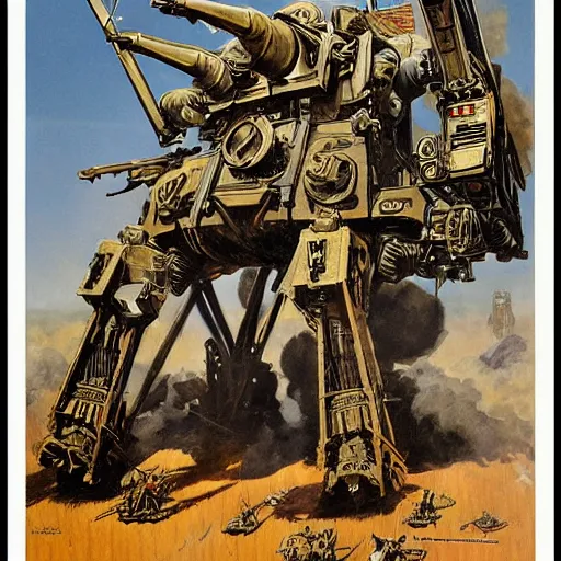 Prompt: wwi deiselpunk american battle mech propaganda art by james gurney