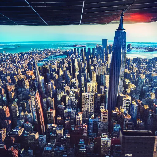 Image similar to A giant kebab falling from the sky over new york city, ultrawide lens, aerial view, 10 mm, by Terry Richardson, behance, unreal engine 5