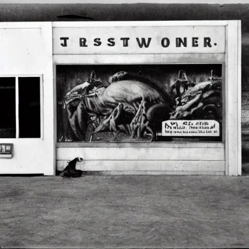 Image similar to a black monster in a gas station, vintage photography of a painting by segantini