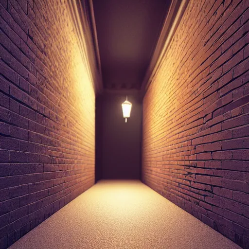 Image similar to a narrow brick alleyway lit with a streetlight, 3d octane render, photorealistic